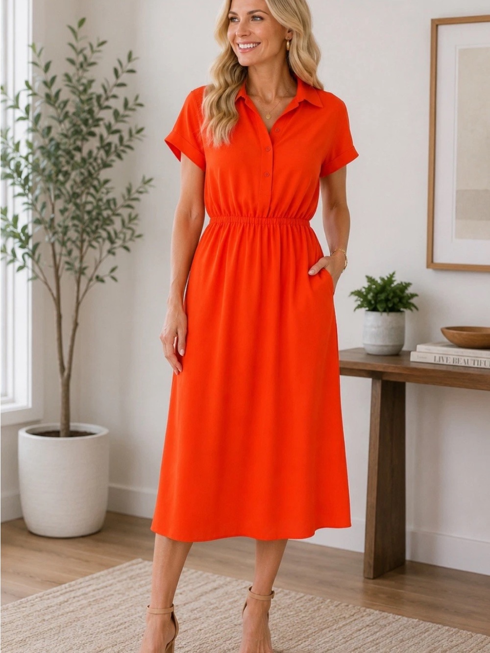 Amanda Uprichard Short-Sleeve Collared Midi Dress in Bright Orange